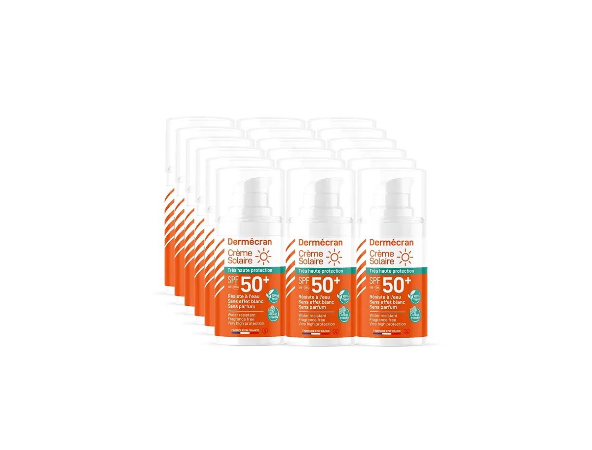 Lot de 18 - Dermécran - Crème solaire SPF50+ - Visage et corps - Formule Vegan & Ocean Friendly - Résiste à l'eau - Pour toute la famille dès 3 ans - Fabriquée en France - Format pocket 15 ml