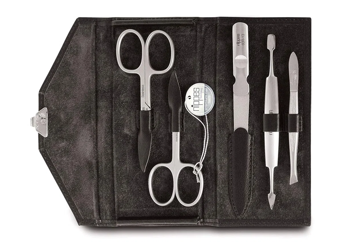 nippes Solingen, Kit de manucure Locks en acier inoxydable et sans nickel - Étui en cuir de vachette véritable avec serrure à cliquet Premium Line - Noir - 5 pièces