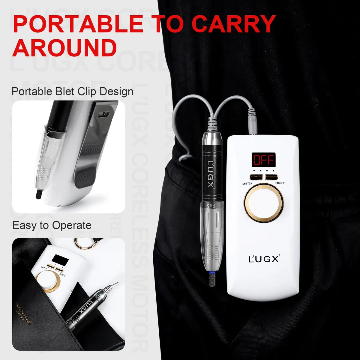 L'UGX Perceuse à ongles professionnelle rechargeable avec moteur sans noyau, lime à ongles électrique portable 30 000 tr/min sans fil pour ongles en acrylique avec 8 embouts pour manucure