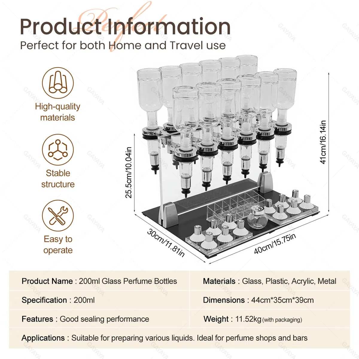 Distributeur de Parfum Manuel avec 12 flacons de 200 ML chacun, Pompe en Verre, présentoir testeur, idéal pour parfumerie, Studio, Salon et Bar