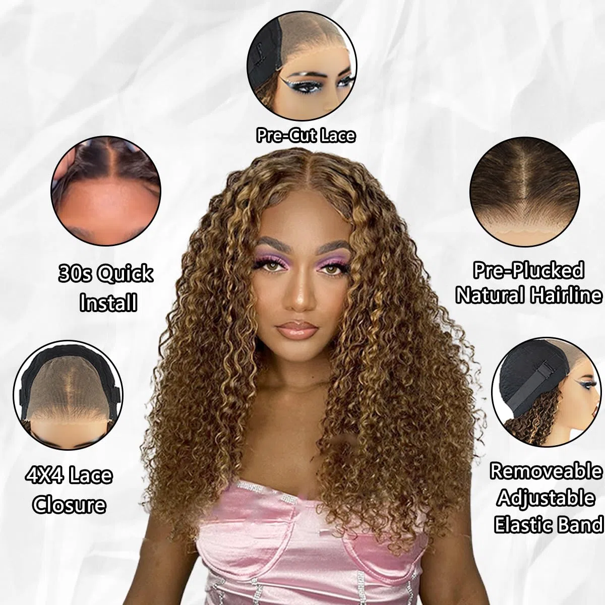 Perruque Cheveux Humain Sans Colle Kinky Curly Afro Glueless Wig 22 Pouces