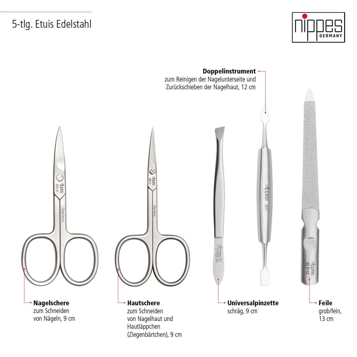 nippes Solingen, Kit de manucure Locks en acier inoxydable et sans nickel - Étui en cuir de vachette véritable avec serrure à cliquet Premium Line - Noir - 5 pièces