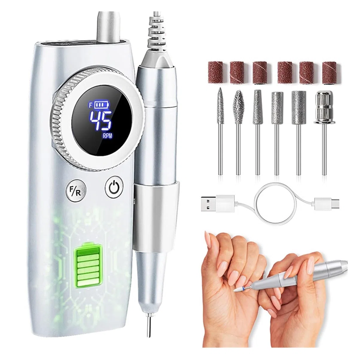 Perceuse à ongles électrique 45 000 tr/min, ponceuse à ongles électrique sans fil rechargeable pour gel acrylique, perceuse de manucure pour salon de manucure, outils professionnels pour ongles