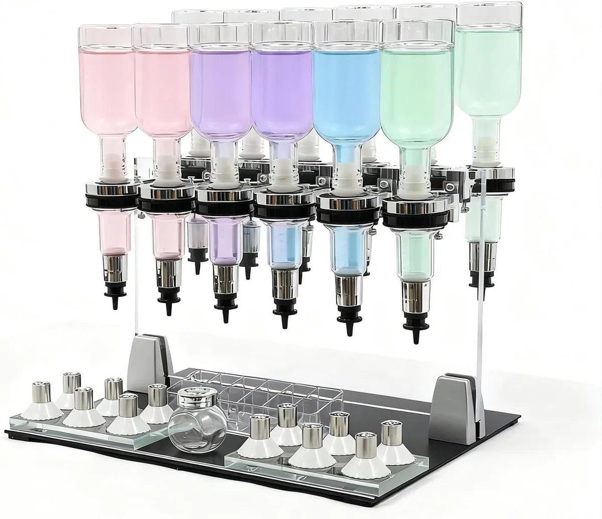 Distributeur de Parfum Manuel avec 12 flacons de 200 ML chacun, Pompe en Verre, présentoir testeur, idéal pour parfumerie, Studio, Salon et Bar