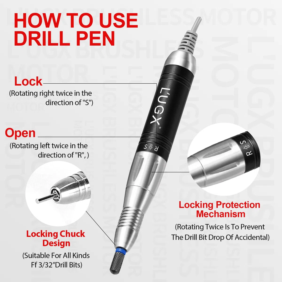 L'UGX Perceuse à ongles professionnelle rechargeable avec moteur sans noyau, lime à ongles électrique portable 30 000 tr/min sans fil pour ongles en acrylique avec 8 embouts pour manucure