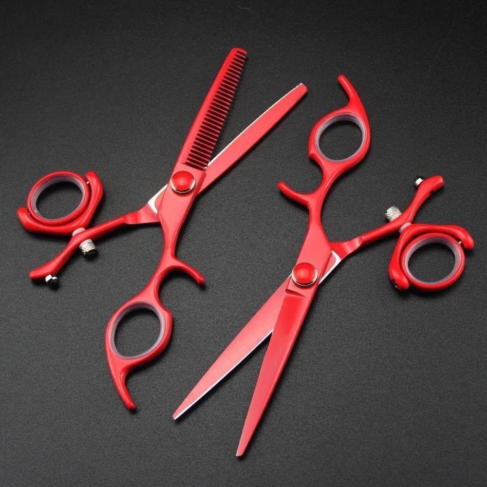 Kit de coupe de cheveux professionnel 6 pouces, lame rouge 440C japonaise, double poignée rotative, outils de coupe de cheveux pivotants