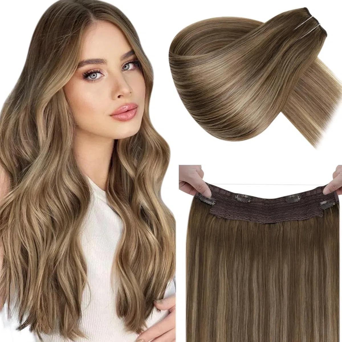 LaaVoo 100g Extension Cheveux Naturel Fil Invisible Blond Dorée Balayage Marron Invisible 50cm Extension Vrai Cheveux Humain Fil Ombre Brun Clair a Blonde Dorée Remy #8/16/8