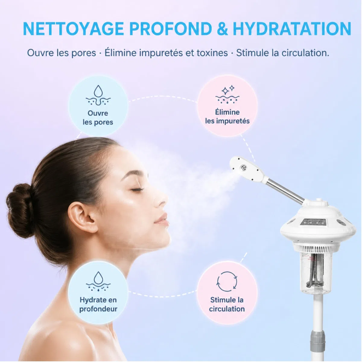 GOTOTOP Vaporisateur Visage Chaud Professionnel, Brume Chaude pour Hydratation et Nettoyage Profond du Visage en Salon, SPA et Maison, Hauteur Réglable 127-150cm