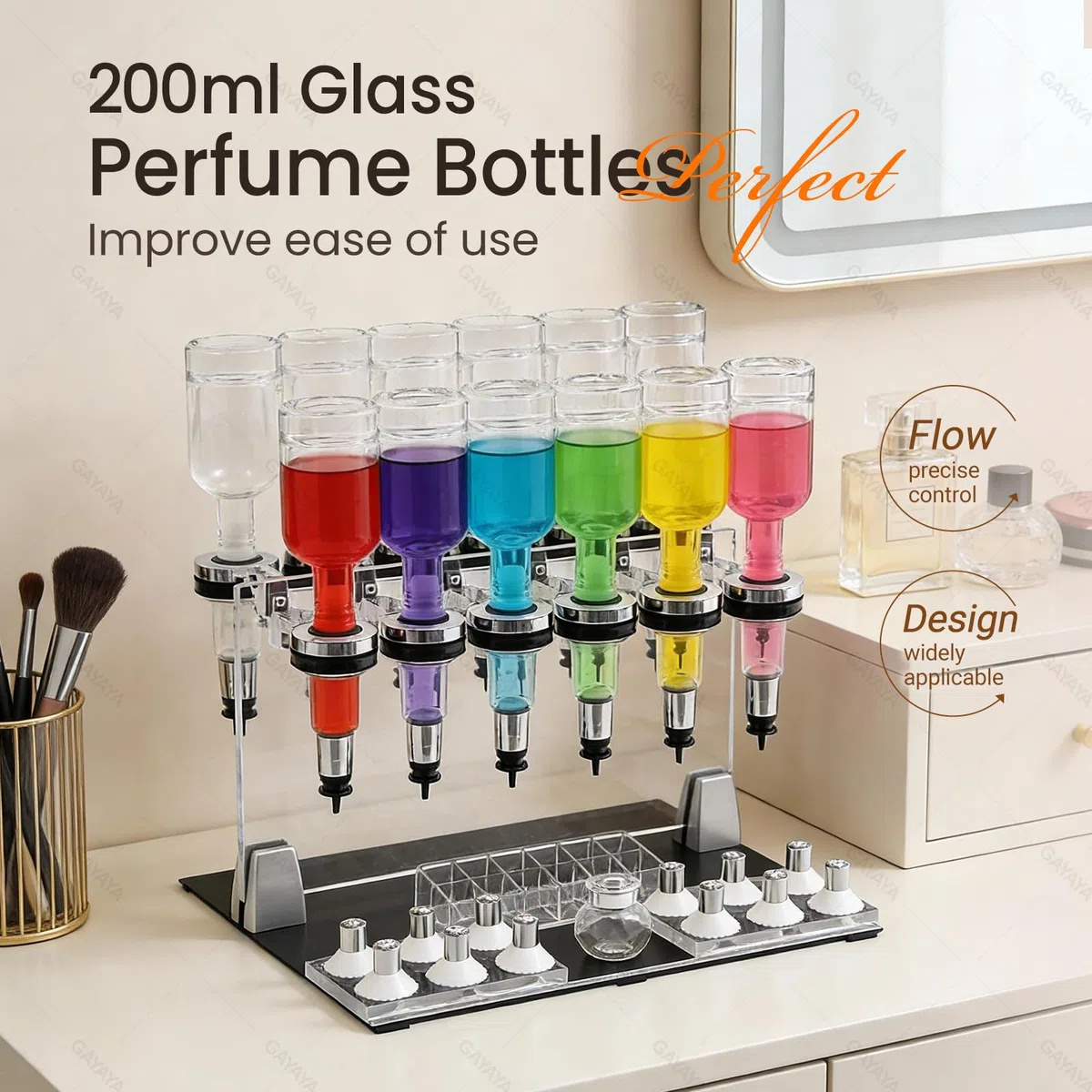 Distributeur de Parfum Manuel avec 12 flacons de 200 ML chacun, Pompe en Verre, présentoir testeur, idéal pour parfumerie, Studio, Salon et Bar