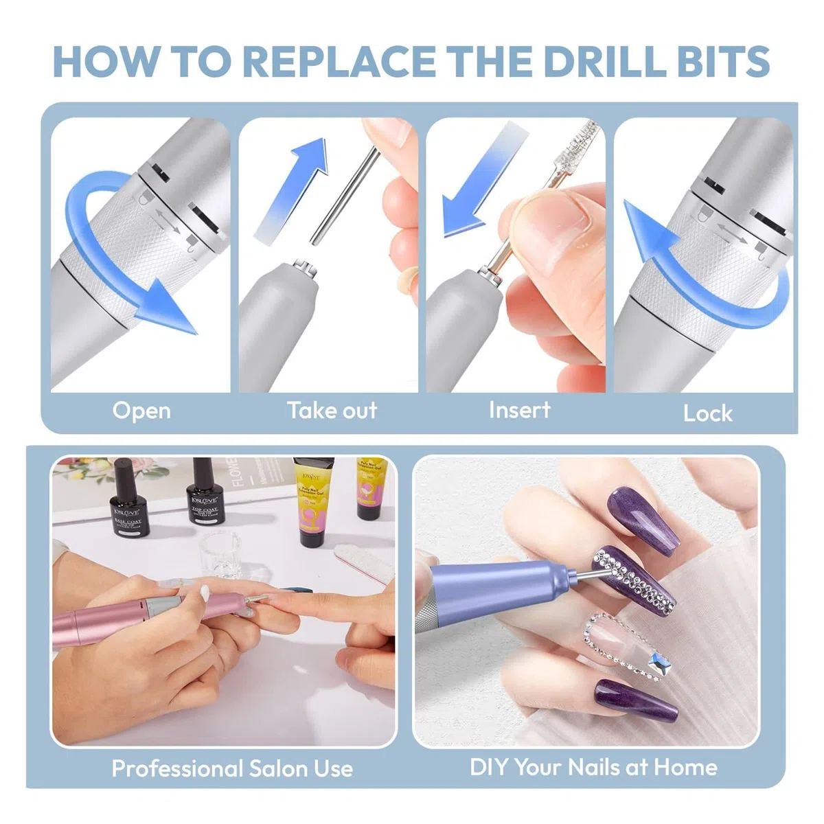 Perceuse à ongles électrique 45 000 tr/min, ponceuse à ongles électrique sans fil rechargeable pour gel acrylique, perceuse de manucure pour salon de manucure, outils professionnels pour ongles