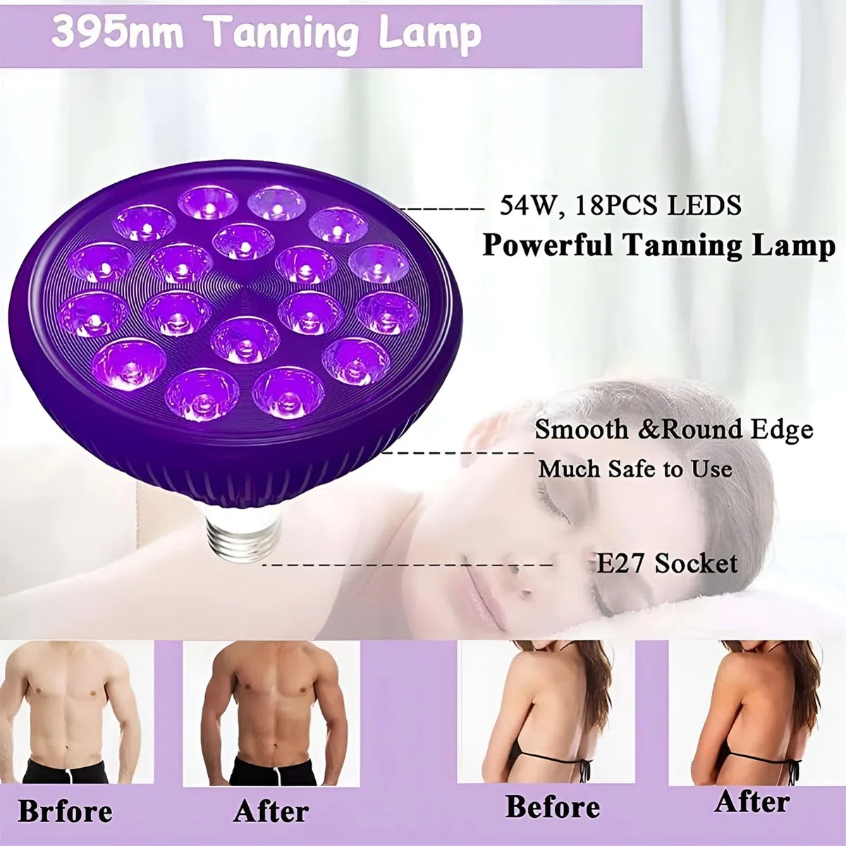 Lampe de bronzage pour le visage 54 W, 18 pièces LED pour bain de soleil à domicile avec masque pour les yeux et support réglable (38,5"-78,7"), pour peau de bronze antique, visage et corps blue