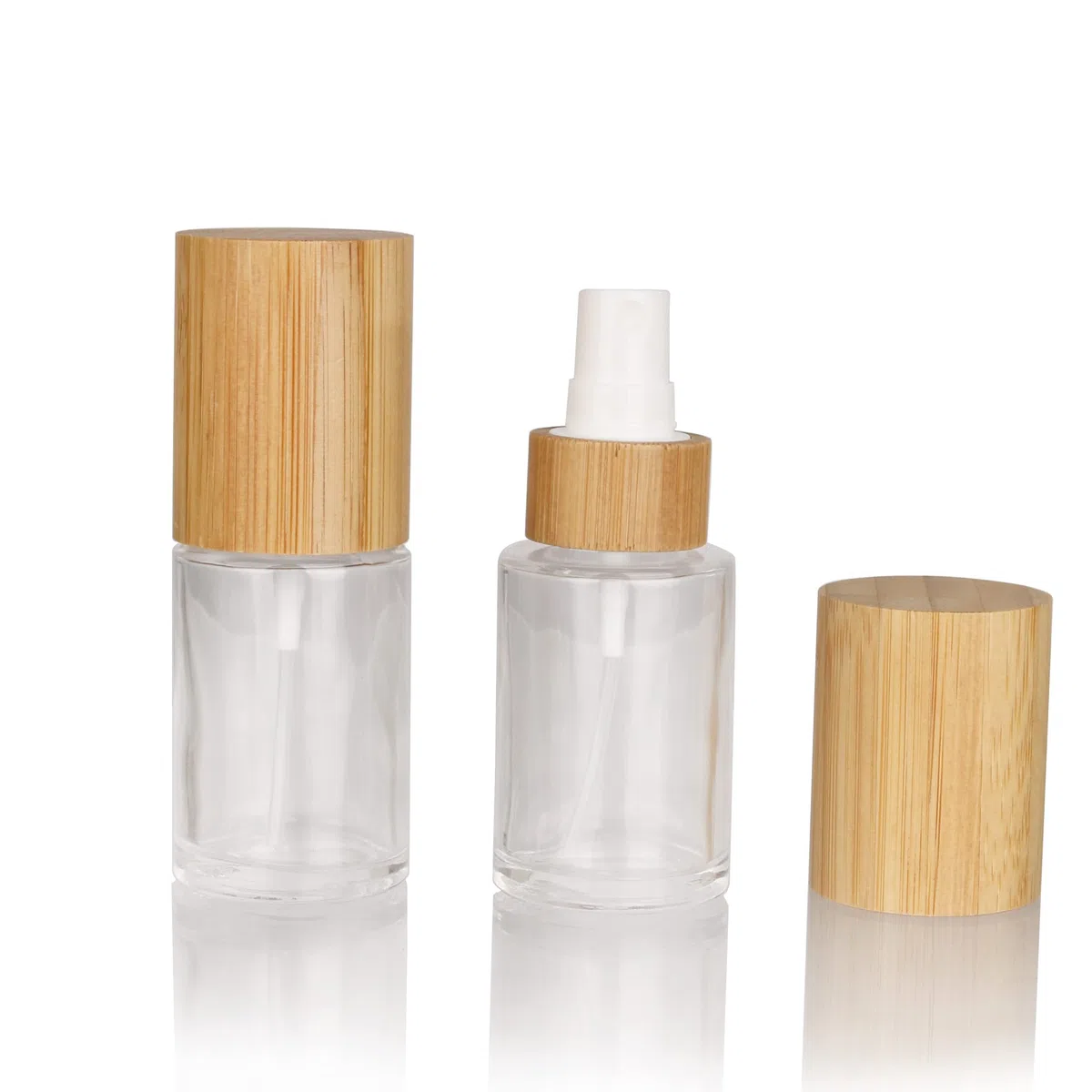 COSIDEA Lot de 400 flacons vaporisateurs vides en verre transparent avec couvercle en bambou de 30 ml avec tête de dépoussiérage de brume fine pour articles de toilette liquides parfumés, flacons de