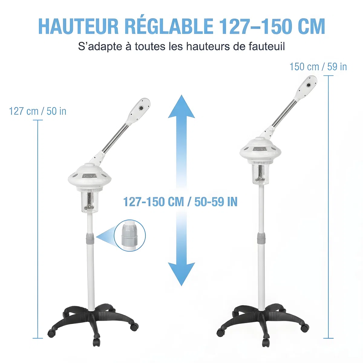 GOTOTOP Vaporisateur Visage Chaud Professionnel, Brume Chaude pour Hydratation et Nettoyage Profond du Visage en Salon, SPA et Maison, Hauteur Réglable 127-150cm
