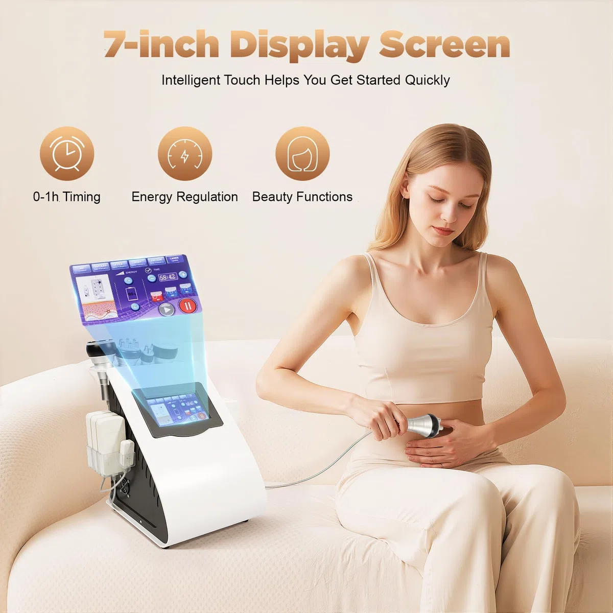 Appareil de massage multifonction - 100 W - Écran de 7" - Avec 5 embouts et 6 plaques laser - Appareil professionnel de soin de la peau - Écran tactile pour la maison, le salon, le visage et le corps