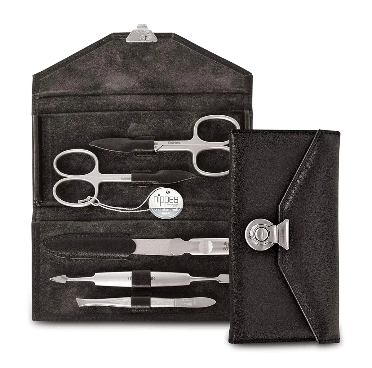 nippes Solingen, Kit de manucure Locks en acier inoxydable et sans nickel - Étui en cuir de vachette véritable avec serrure à cliquet Premium Line - Noir - 5 pièces