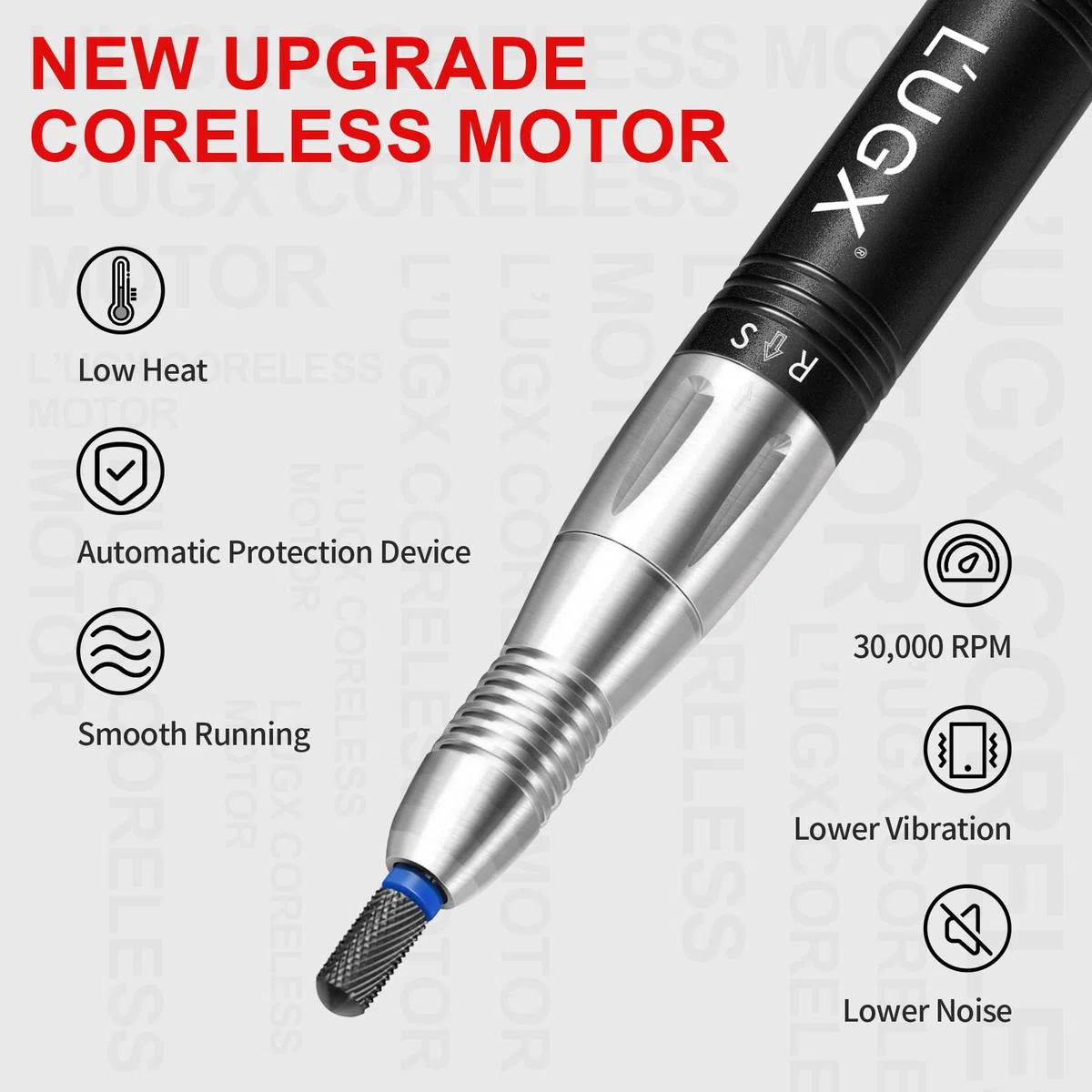 L'UGX Perceuse à ongles professionnelle rechargeable avec moteur sans noyau, lime à ongles électrique portable 30 000 tr/min sans fil pour ongles en acrylique avec 8 embouts pour manucure