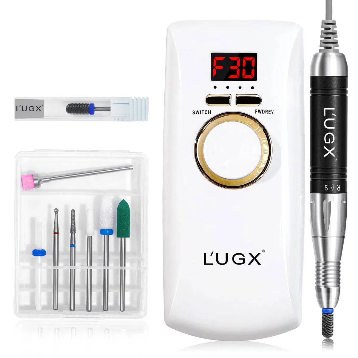 L'UGX Perceuse à ongles professionnelle rechargeable avec moteur sans noyau, lime à ongles électrique portable 30 000 tr/min sans fil pour ongles en acrylique avec 8 embouts pour manucure