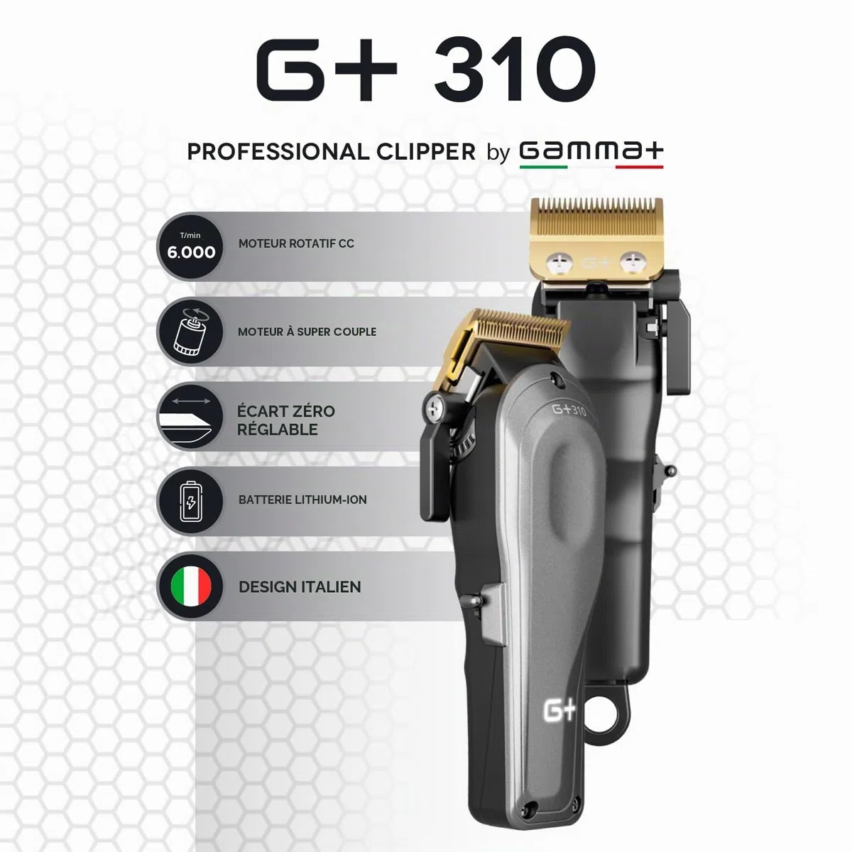 Tondeuse Cheveux Professionnelle Homme Gamma+ G+310 | Moteur Rotatif Super Torque 6000 RPM | Lame Réglable Zero Gap | Plus de 2 h d’Autonomie Sans Fil | 4 Sabots | Recharge USB-C