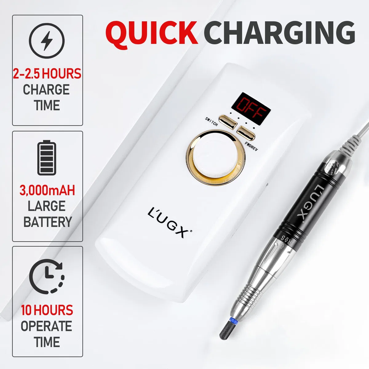 L'UGX Perceuse à ongles professionnelle rechargeable avec moteur sans noyau, lime à ongles électrique portable 30 000 tr/min sans fil pour ongles en acrylique avec 8 embouts pour manucure